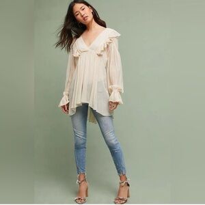 Anthropologie Maeve Wynn Metallic Striped 12 Flowy Tunic Top Boho Peasant beach